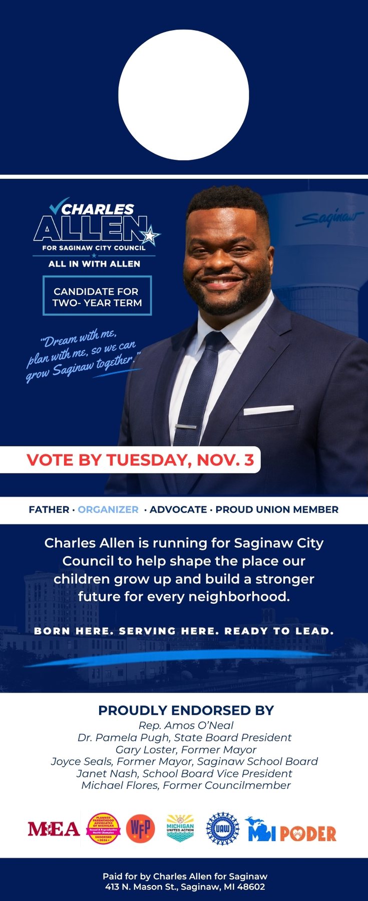 Front of a Charles Allen door hanger with his portrait, vote-by date, and endorsements