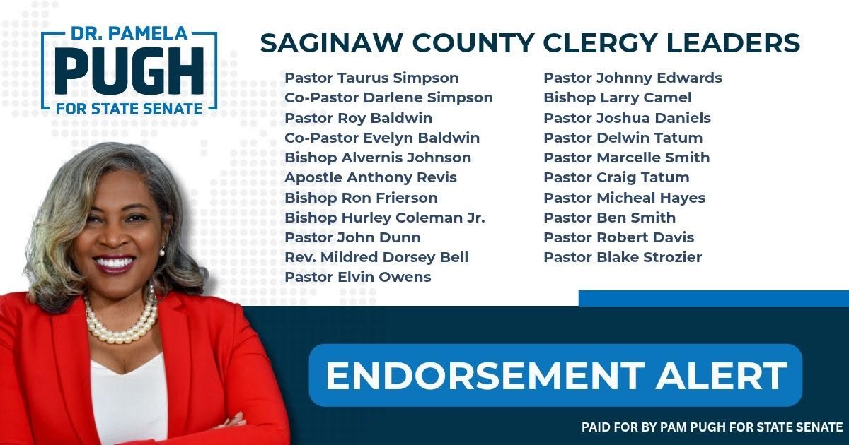 Endorsement Alert listing Saginaw County clergy leaders supporting Dr. Pamela Pugh