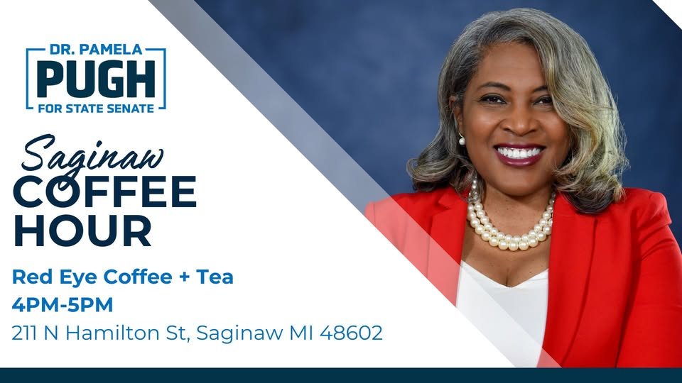 Event graphic for a Saginaw coffee hour with Dr. Pamela Pugh at Red Eye Coffee and Tea