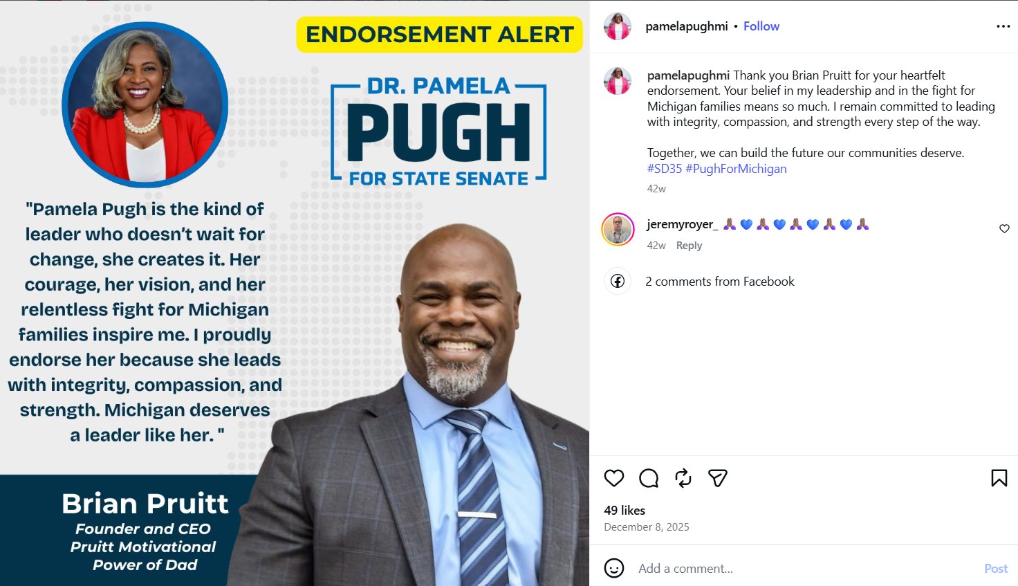 Endorsement Alert graphic for Dr. Pamela Pugh for State Senate featuring a quote from Brian Pruitt